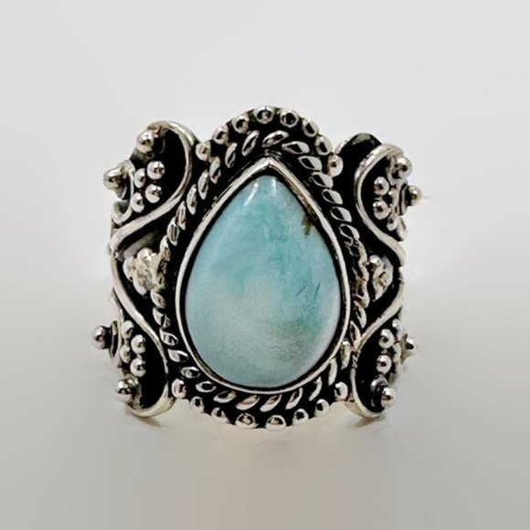 Larimar Ring, Blue Stone, Sterling Silver, Vintage Ring, Bali Style, Size 7 1/2 - Picture 3 of 5